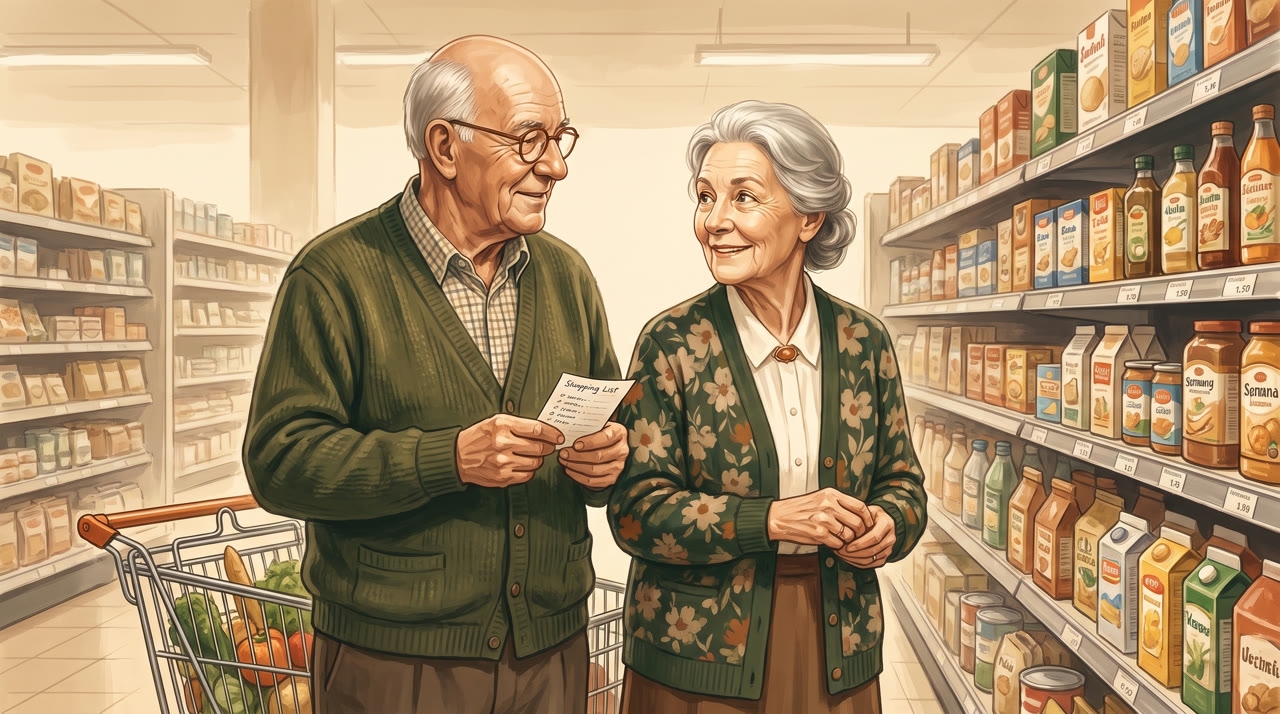Werner und Gisela Radtke stehen mit einem Einkaufswagen vor einem gut gefüllten Supermarktregal