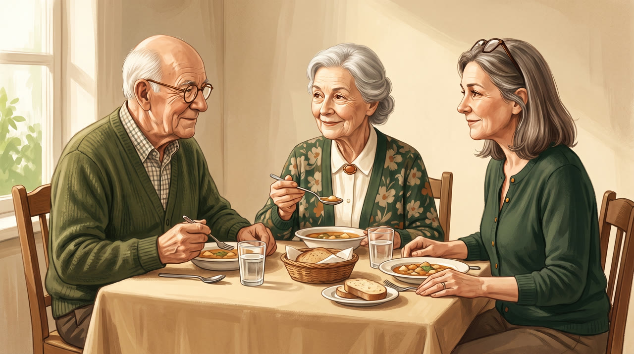 Werner, Gisela und Anja Radtke sitzen gemeinsam am Mittagstisch und essen