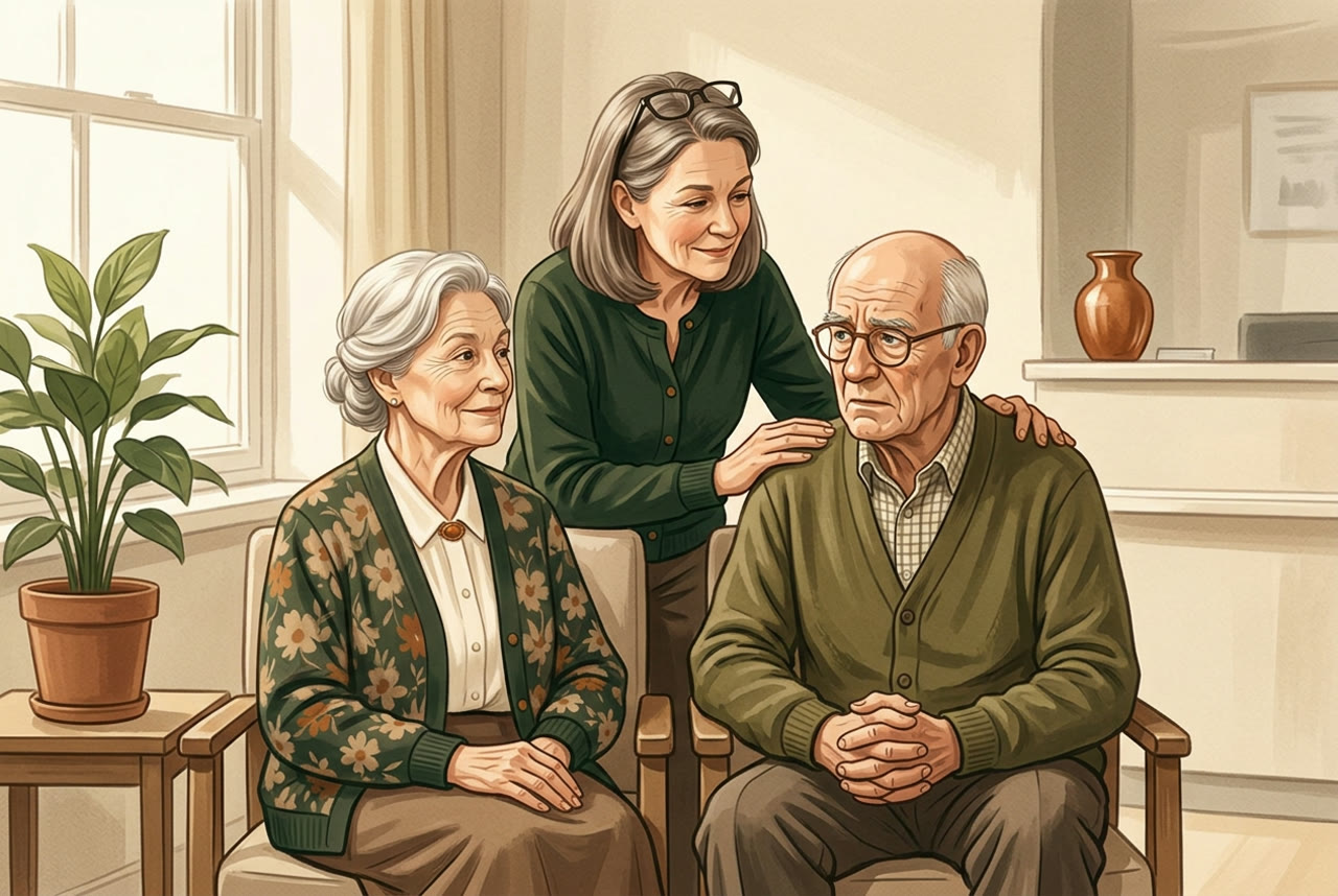 Familie Radtke sitzt gemeinsam im Wartezimmer einer Arztpraxis