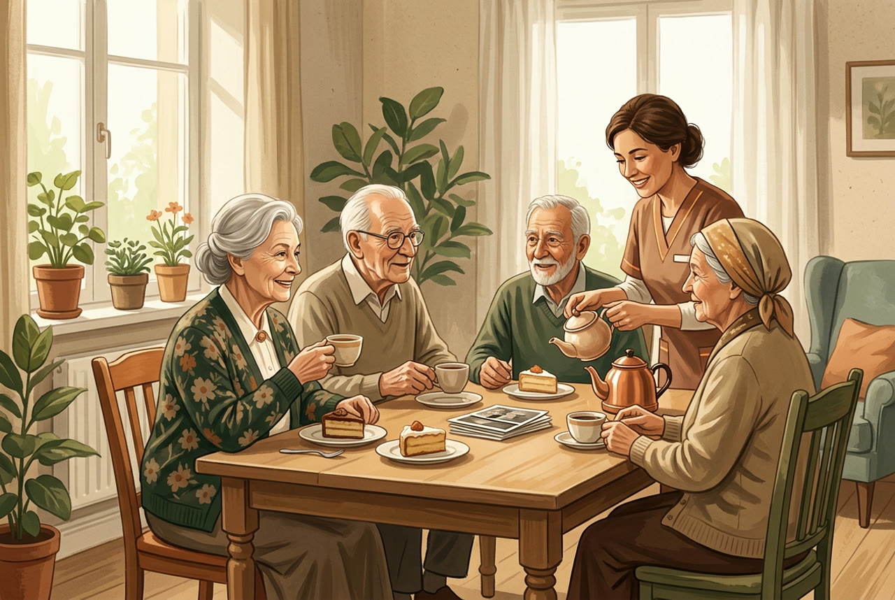 Gisela in fröhlicher Runde in der Tagespflege bei Kaffee und Kuchen