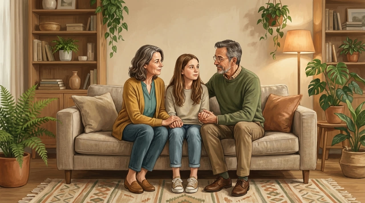 Petra, Thomas und ihre jugendliche Tochter sitzen zusammen auf dem Sofa und sprechen behutsam miteinander