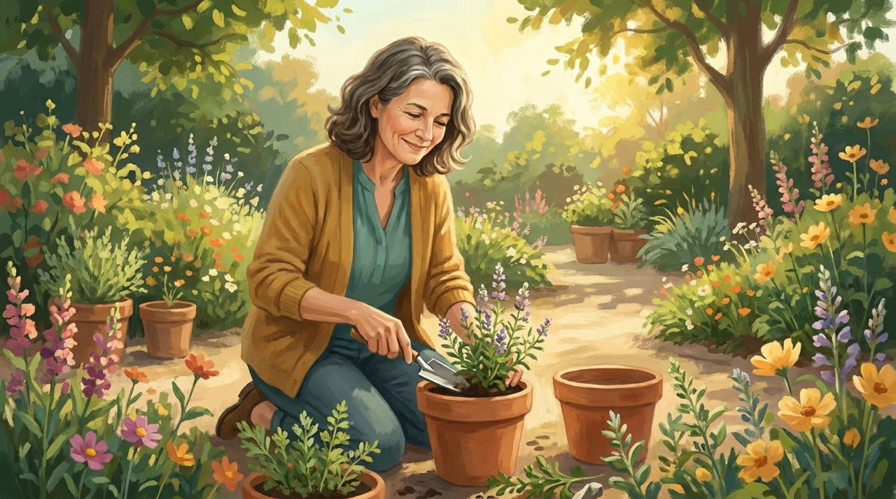 Petra arbeitet zufrieden und konzentriert in ihrem bunten Garten, ganz in ihrem Element