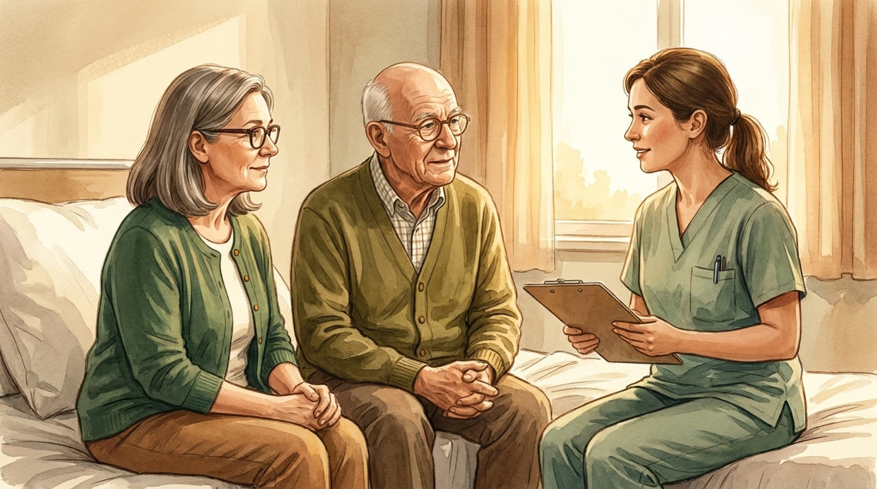 Anja und Werner sprechen am Krankenbett ruhig und partnerschaftlich mit einer freundlichen Pflegekraft
