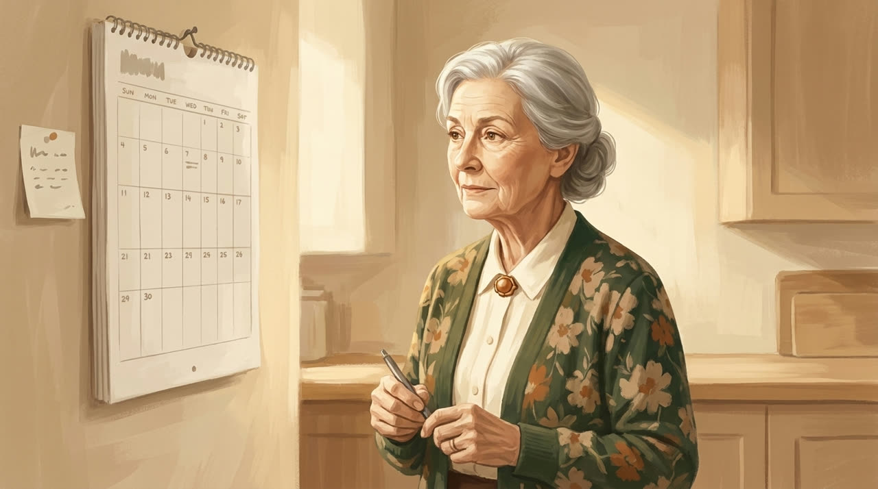 Gisela schaut auf einen großen Kalender an der Wand