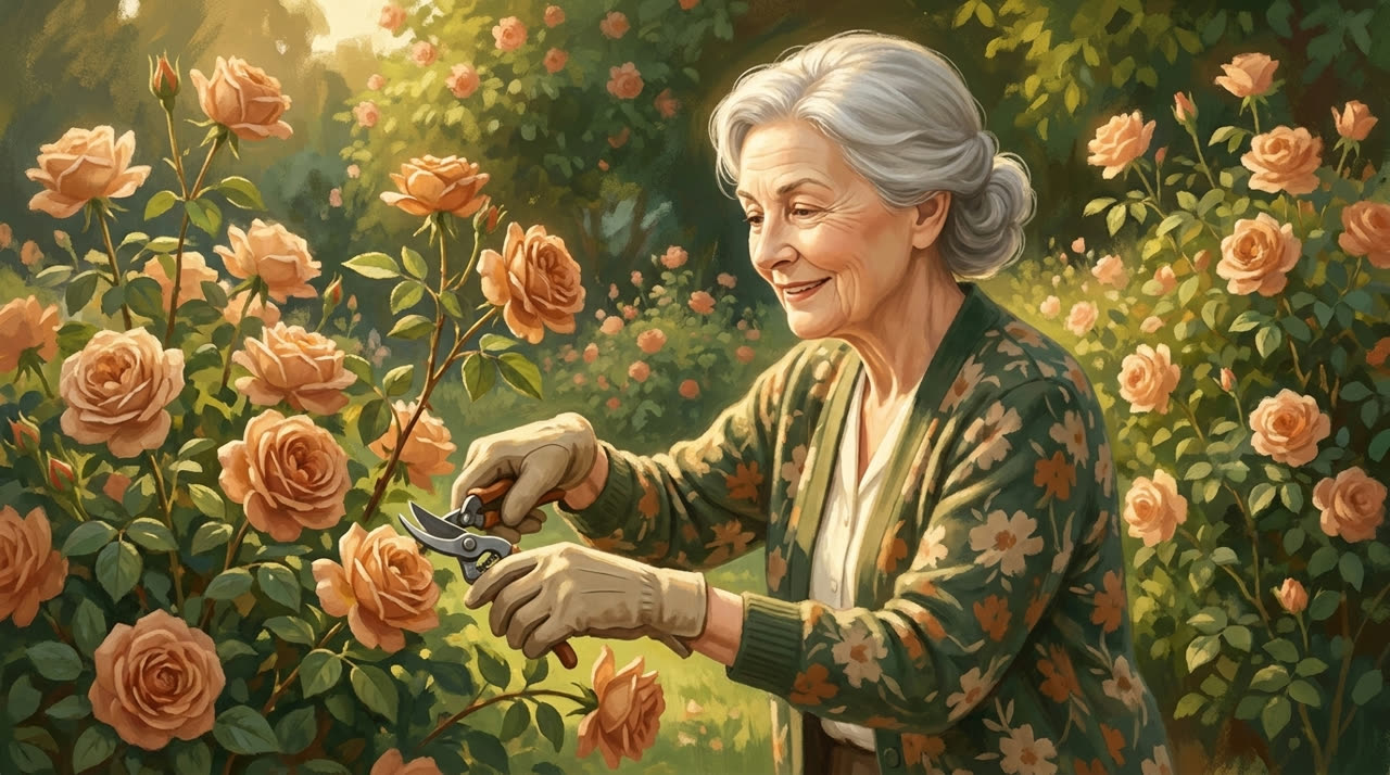 Gisela arbeitet fröhlich in ihrem Rosen-Garten