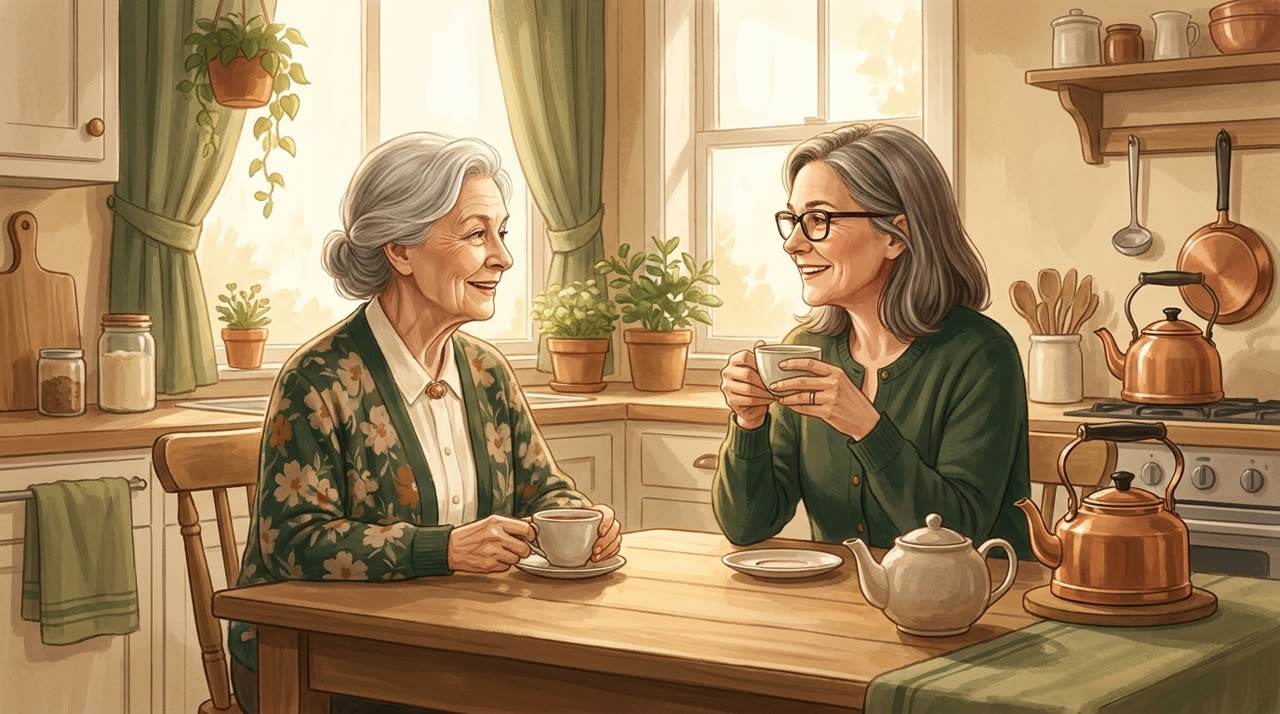 Gisela redet fröhlich mit ihrer Tochter bei einer Tasse Tee