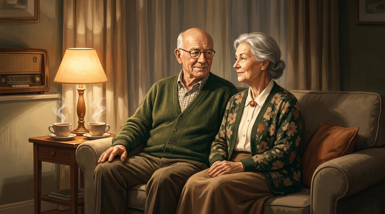 Werner und Gisela Radtke sitzen abends bei gedimmtem Licht mit Tee auf dem Sofa