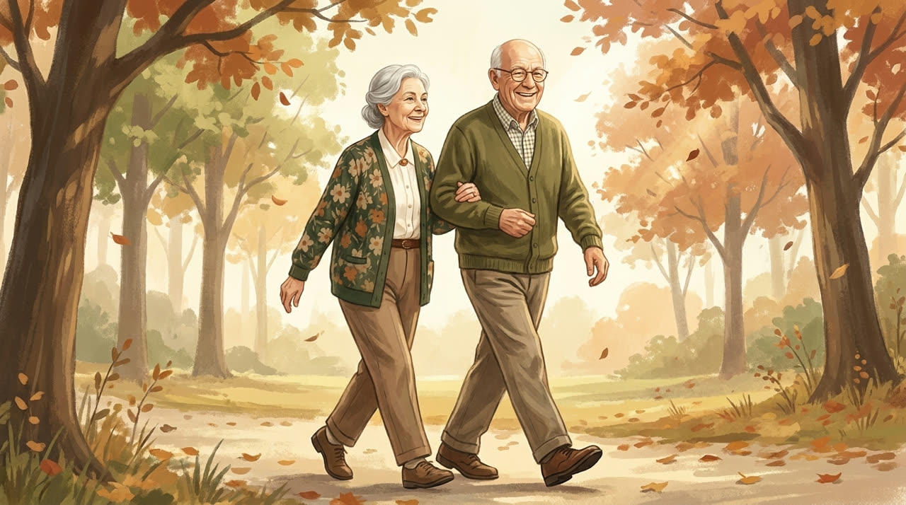 Werner und Gisela machen Arm in Arm einen fröhlichen Spaziergang im herbstlichen Park