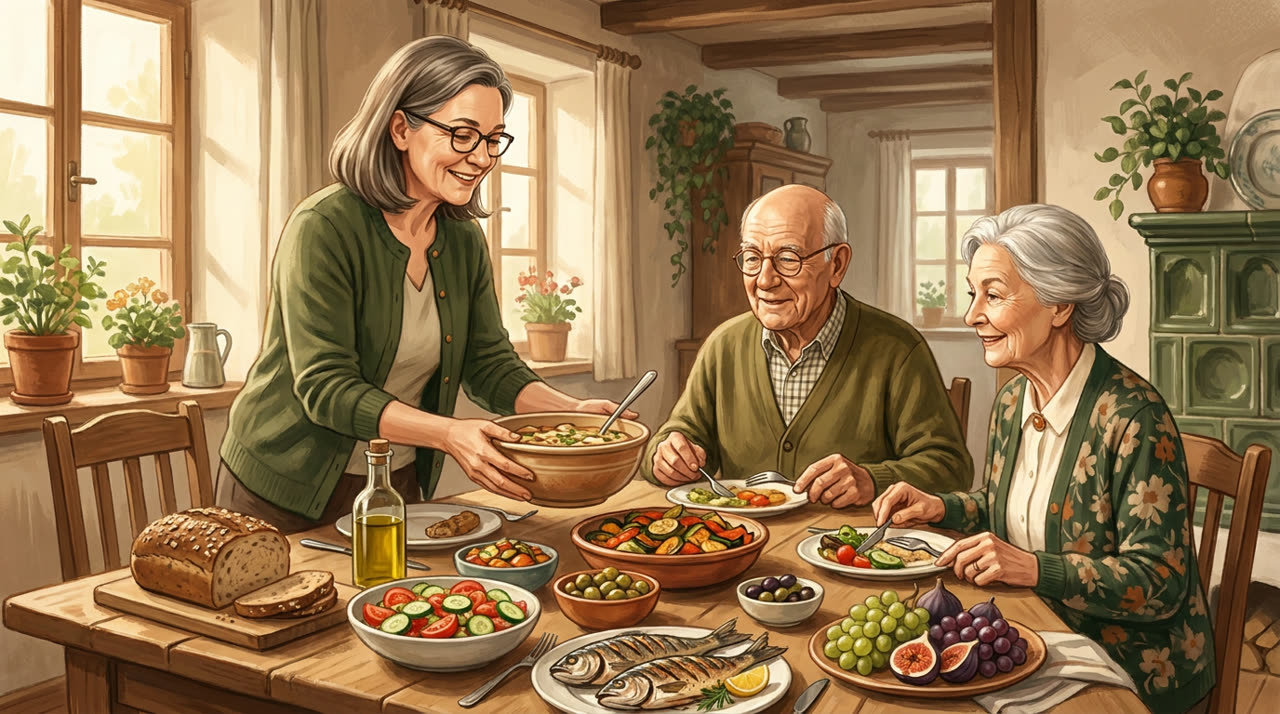 Anja serviert der Familie ein buntes, gesundes mediterranes Essen mit Gemüse, Fisch und Olivenöl