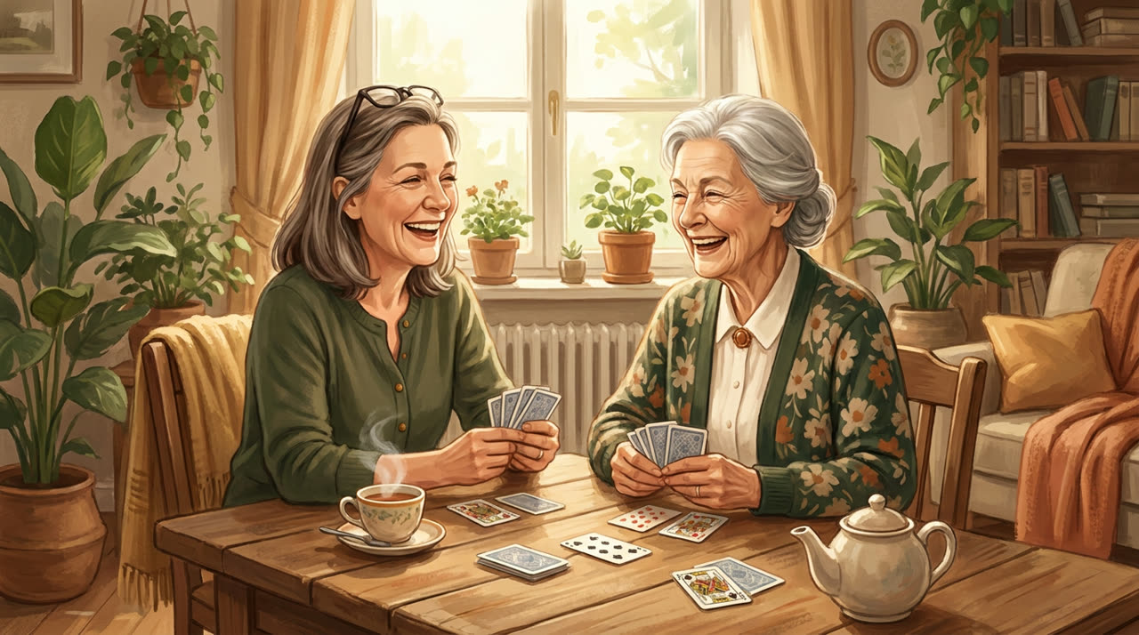 Anja und Gisela spielen gemeinsam vergnügt Karten am Tisch