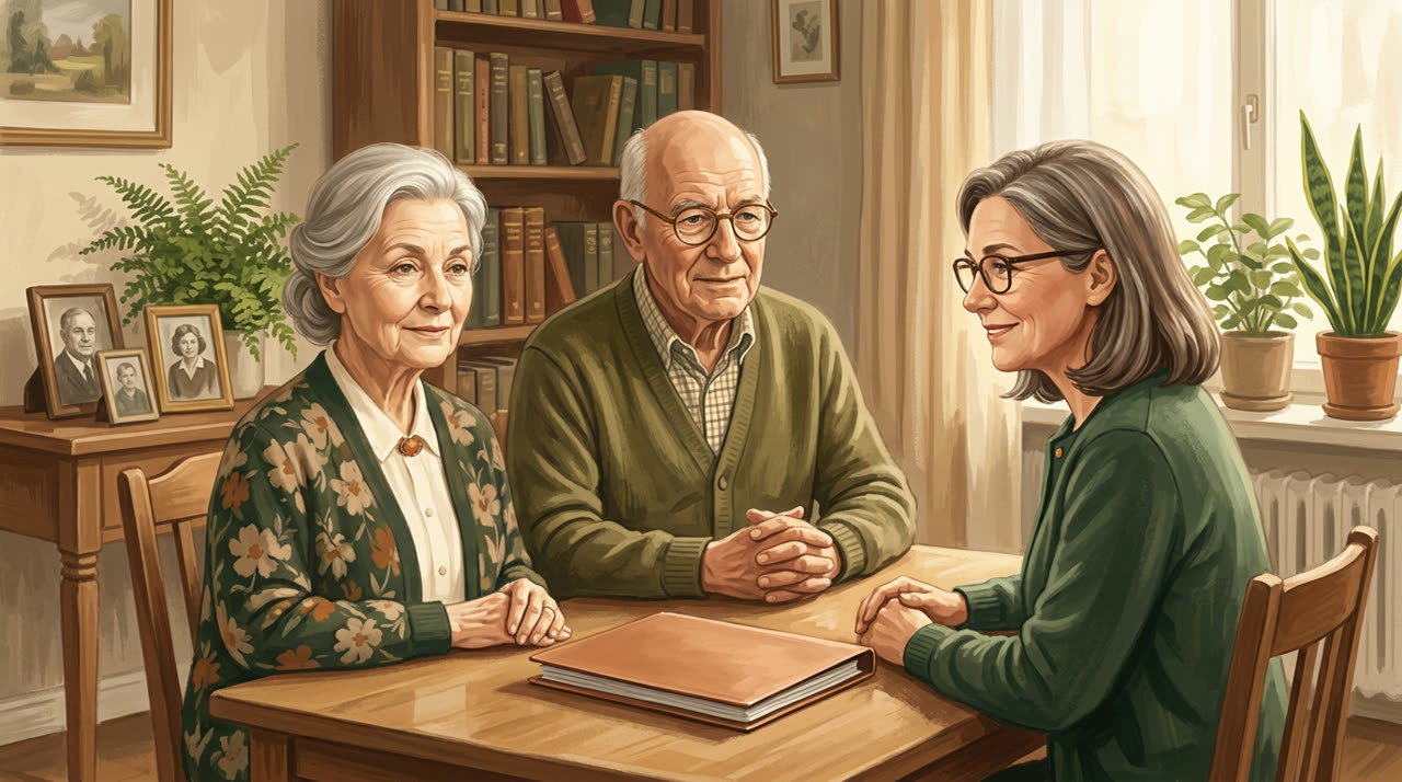 Gisela, Werner und Anja sitzen mit einem Dokumentenordner am Tisch, ruhig und gut vorbereitet