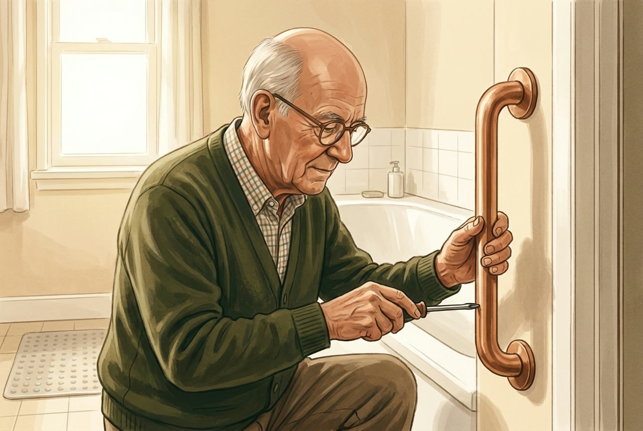 Werner montiert einen Haltegriff neben der Badewanne